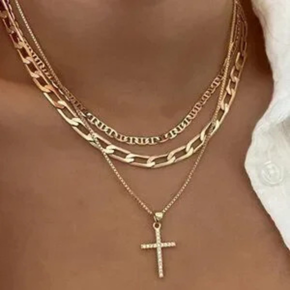 Jewelry - Layered Cross Pendant Necklace Set 3 Chains Statement Style Dainty Minimalist